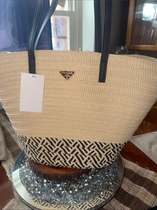Fashioon Handbags - Luxury Cream and Black Woven Straw Tote with Logo nwt